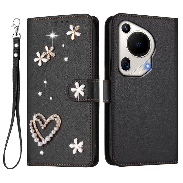 For Huawei Pura 70 Ultra ZS01 Double-Layer Heart Floral Vegan Leather Phone Case with Wrist Strap