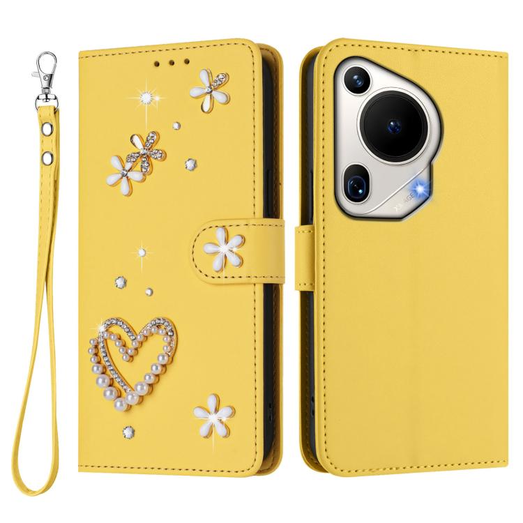 For Huawei Pura 70 Ultra ZS01 Double-Layer Heart Floral Vegan Leather Phone Case with Wrist Strap