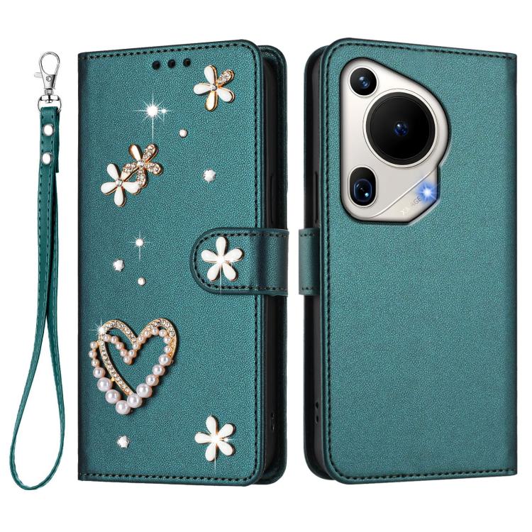 For Huawei Pura 70 Ultra ZS01 Double-Layer Heart Floral Vegan Leather Phone Case with Wrist Strap