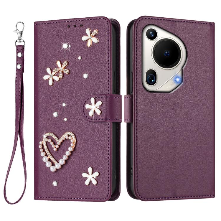 For Huawei Pura 70 Ultra ZS01 Double-Layer Heart Floral Vegan Leather Phone Case with Wrist Strap