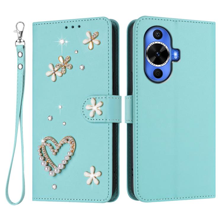 For Huawei nova 12s 4G ZS01 Double-Layer Heart Floral Vegan Leather Phone Case with Wrist Strap