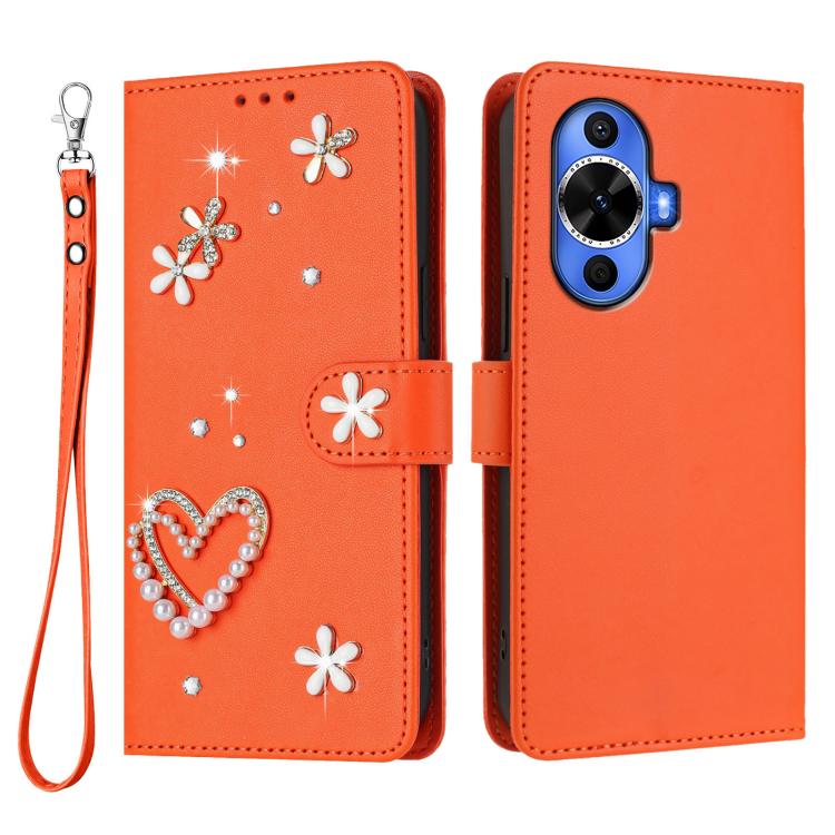 For Huawei nova 12s 4G ZS01 Double-Layer Heart Floral Vegan Leather Phone Case with Wrist Strap