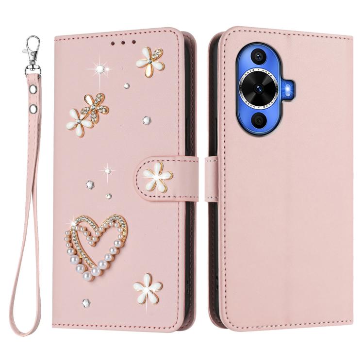 For Huawei nova 12s 4G ZS01 Double-Layer Heart Floral Vegan Leather Phone Case with Wrist Strap