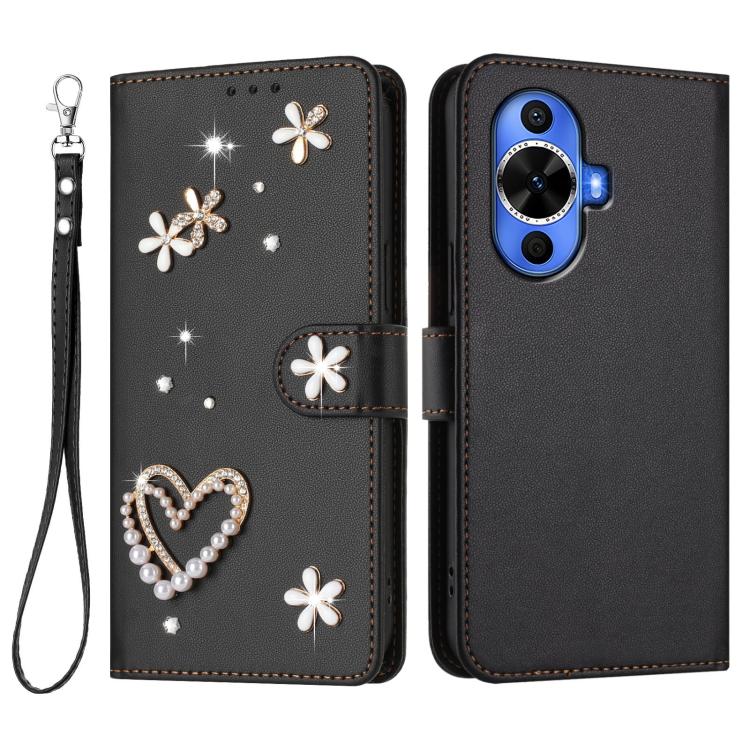 For Huawei nova 12s 4G ZS01 Double-Layer Heart Floral Vegan Leather Phone Case with Wrist Strap