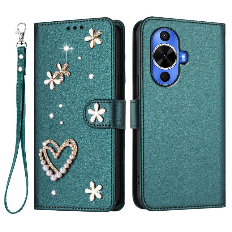 For Huawei nova 12s 4G ZS01 Double-Layer Heart Floral Vegan Leather Phone Case with Wrist Strap
