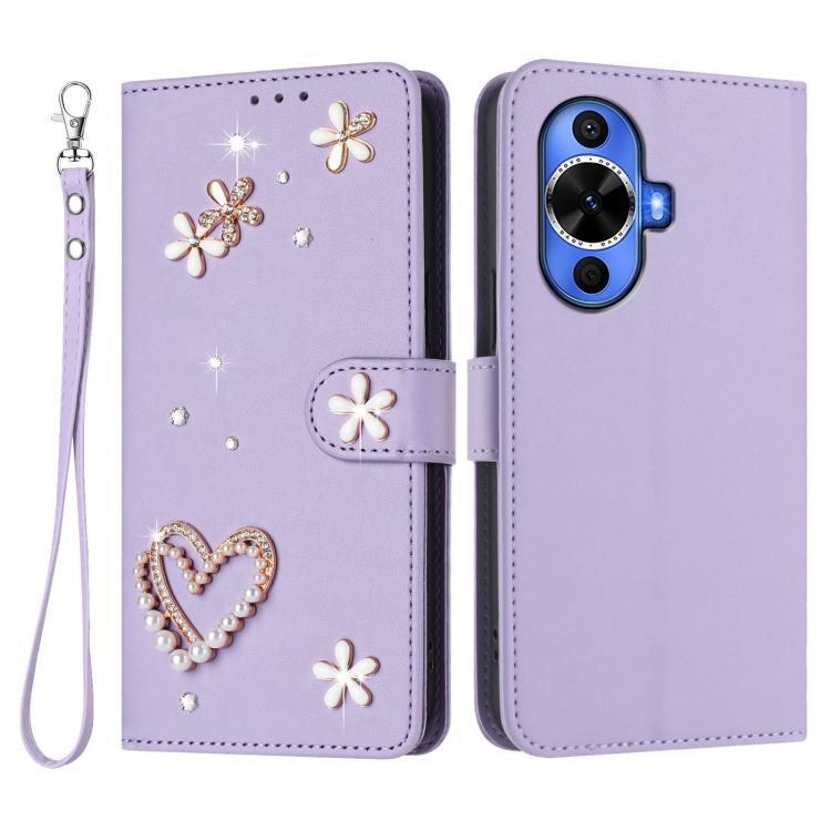 For Huawei nova 12s 4G ZS01 Double-Layer Heart Floral Vegan Leather Phone Case with Wrist Strap