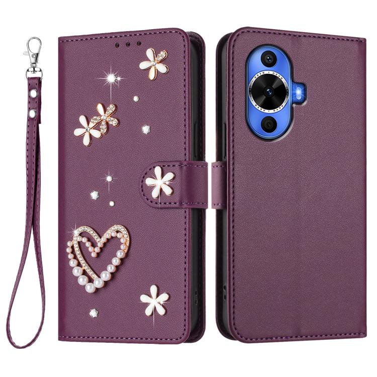 For Huawei nova 12s 4G ZS01 Double-Layer Heart Floral Vegan Leather Phone Case with Wrist Strap