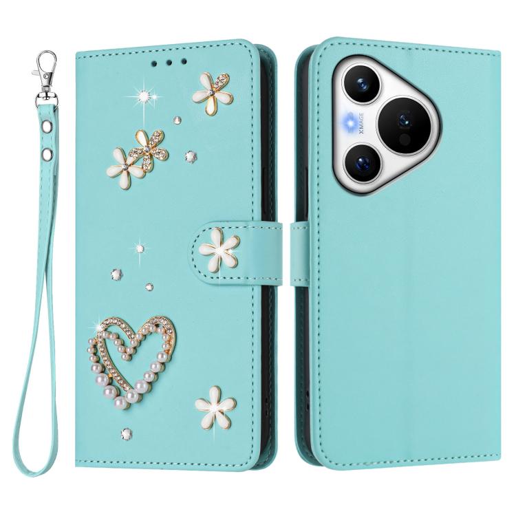 For Huawei Pura 70 ZS01 Double-Layer Heart Floral Vegan Leather Phone Case with Wrist Strap