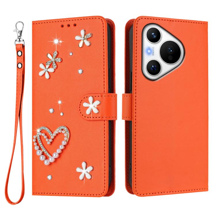 For Huawei Pura 70 ZS01 Double-Layer Heart Floral Vegan Leather Phone Case with Wrist Strap