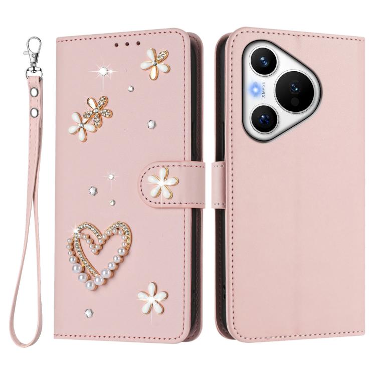 For Huawei Pura 70 ZS01 Double-Layer Heart Floral Vegan Leather Phone Case with Wrist Strap