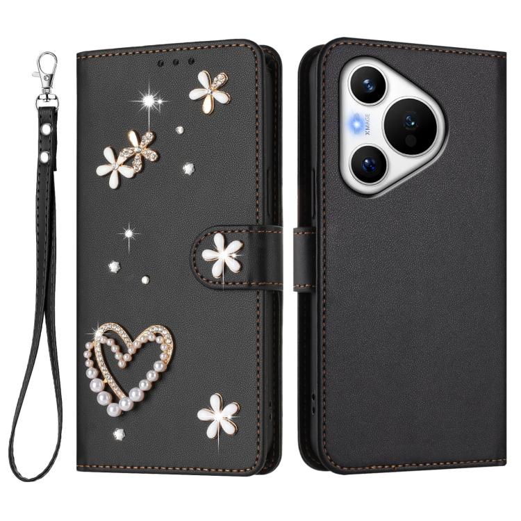 For Huawei Pura 70 ZS01 Double-Layer Heart Floral Vegan Leather Phone Case with Wrist Strap