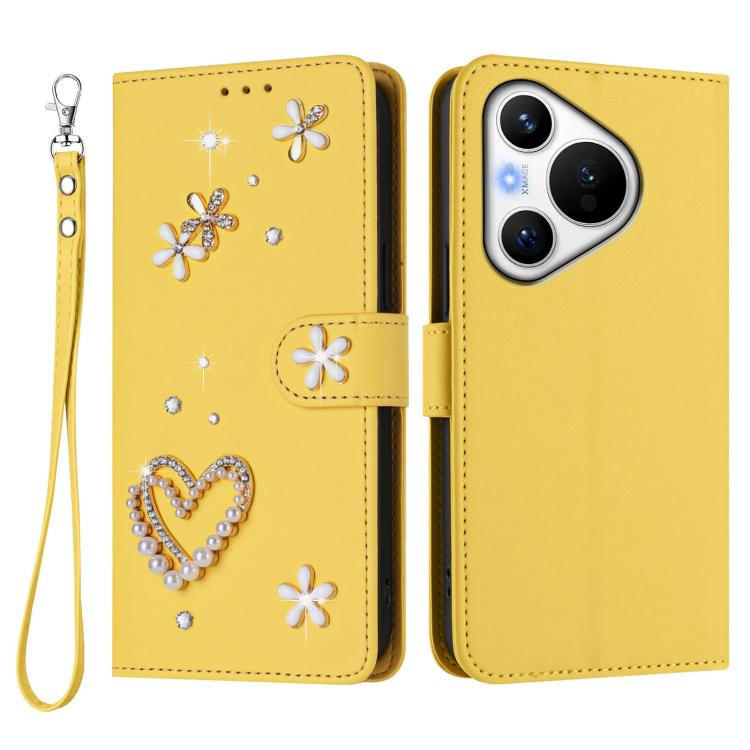 For Huawei Pura 70 ZS01 Double-Layer Heart Floral Vegan Leather Phone Case with Wrist Strap