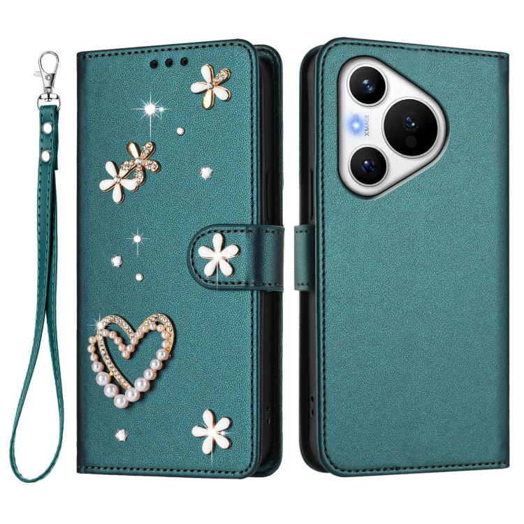 For Huawei Pura 70 ZS01 Double-Layer Heart Floral Vegan Leather Phone Case with Wrist Strap