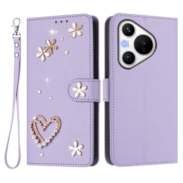 For Huawei Pura 70 ZS01 Double-Layer Heart Floral Vegan Leather Phone Case with Wrist Strap