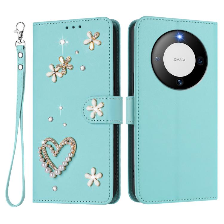 For Huawei Mate 60 Pro / 60 Pro+ ZS01 Double-Layer Heart Floral Vegan Leather Phone Case with Wrist Strap