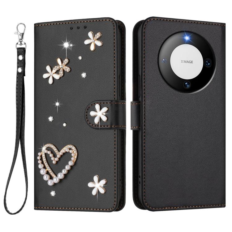 For Huawei Mate 60 Pro / 60 Pro+ ZS01 Double-Layer Heart Floral Vegan Leather Phone Case with Wrist Strap
