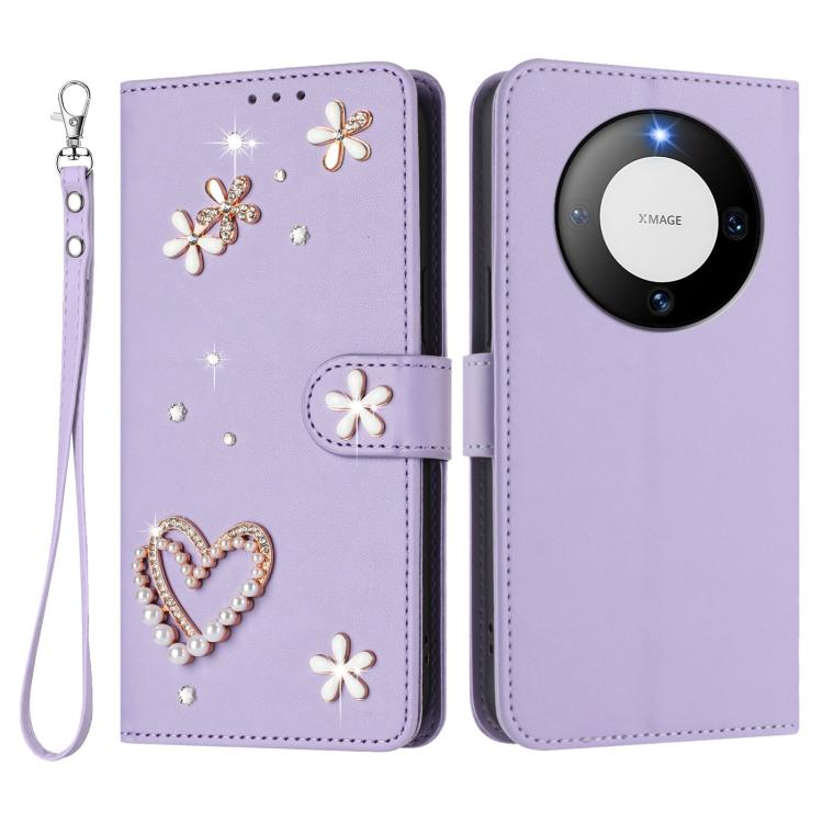 For Huawei Mate 60 Pro / 60 Pro+ ZS01 Double-Layer Heart Floral Vegan Leather Phone Case with Wrist Strap