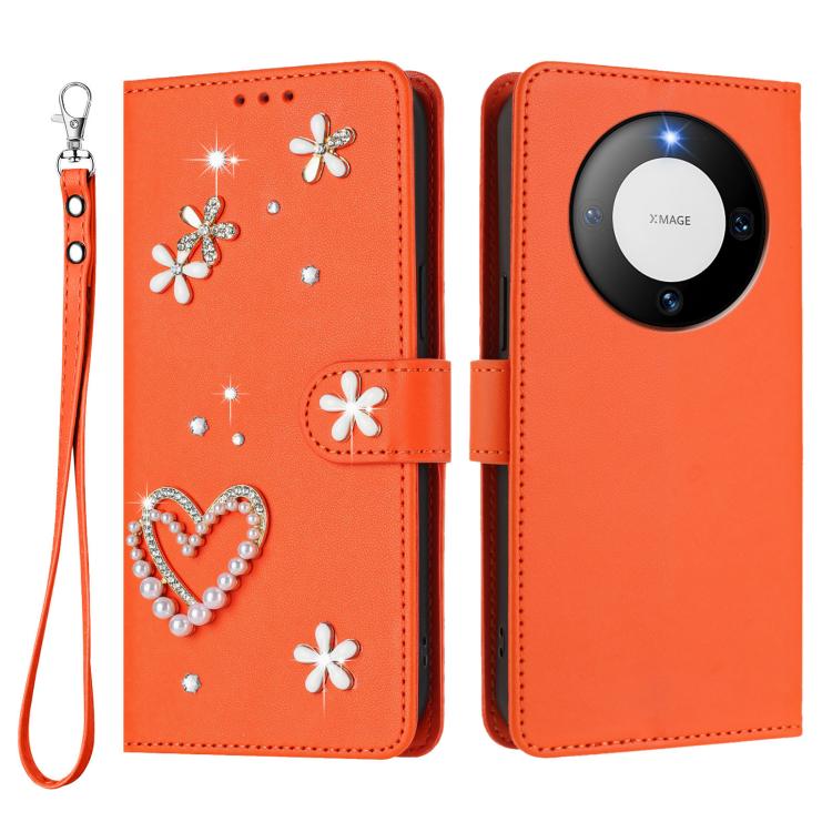 For Huawei Mate 60 ZS01 Double-Layer Heart Floral Vegan Leather Phone Case with Wrist Strap