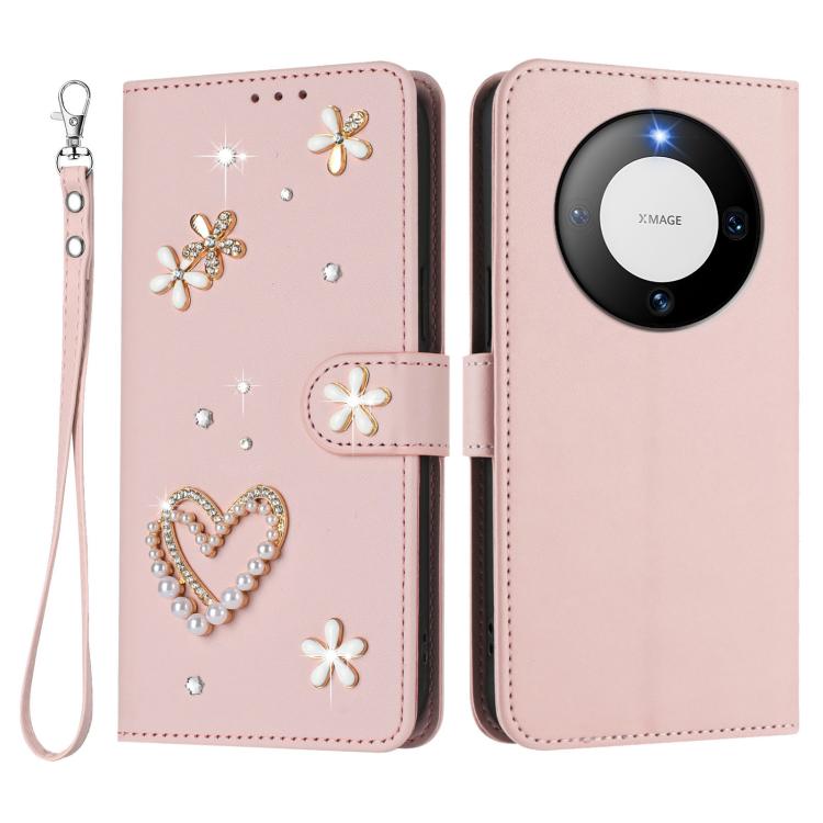 For Huawei Mate 60 ZS01 Double-Layer Heart Floral Vegan Leather Phone Case with Wrist Strap