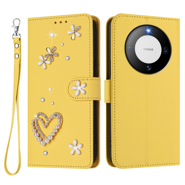 For Huawei Mate 60 ZS01 Double-Layer Heart Floral Vegan Leather Phone Case with Wrist Strap