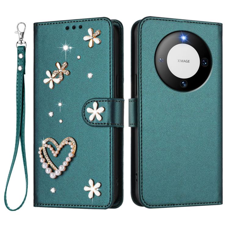For Huawei Mate 60 ZS01 Double-Layer Heart Floral Vegan Leather Phone Case with Wrist Strap