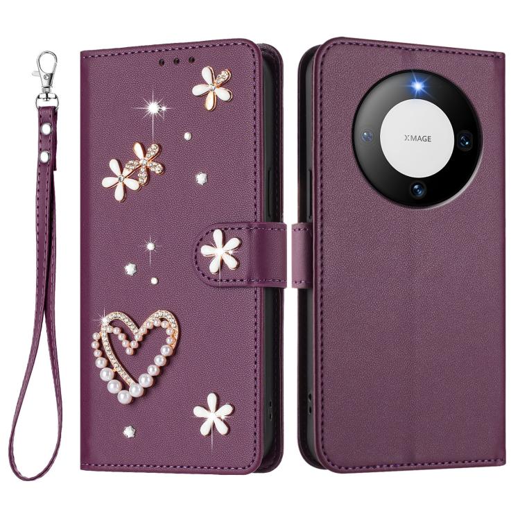 For Huawei Mate 60 ZS01 Double-Layer Heart Floral Vegan Leather Phone Case with Wrist Strap