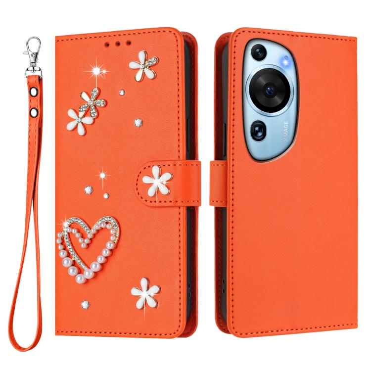 For Huawei P60 Art ZS01 Double-Layer Heart Floral Vegan Leather Phone Case with Wrist Strap