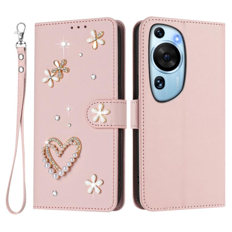 For Huawei P60 Art ZS01 Double-Layer Heart Floral Vegan Leather Phone Case with Wrist Strap