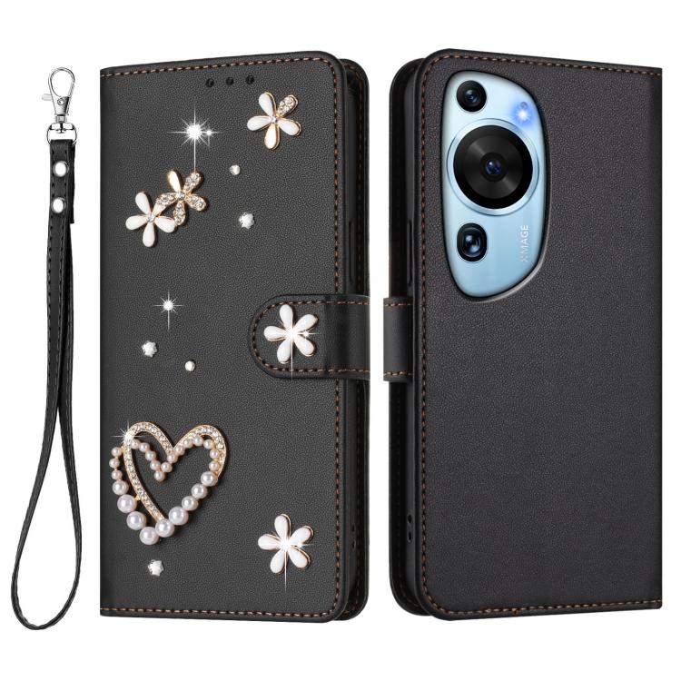 For Huawei P60 Art ZS01 Double-Layer Heart Floral Vegan Leather Phone Case with Wrist Strap