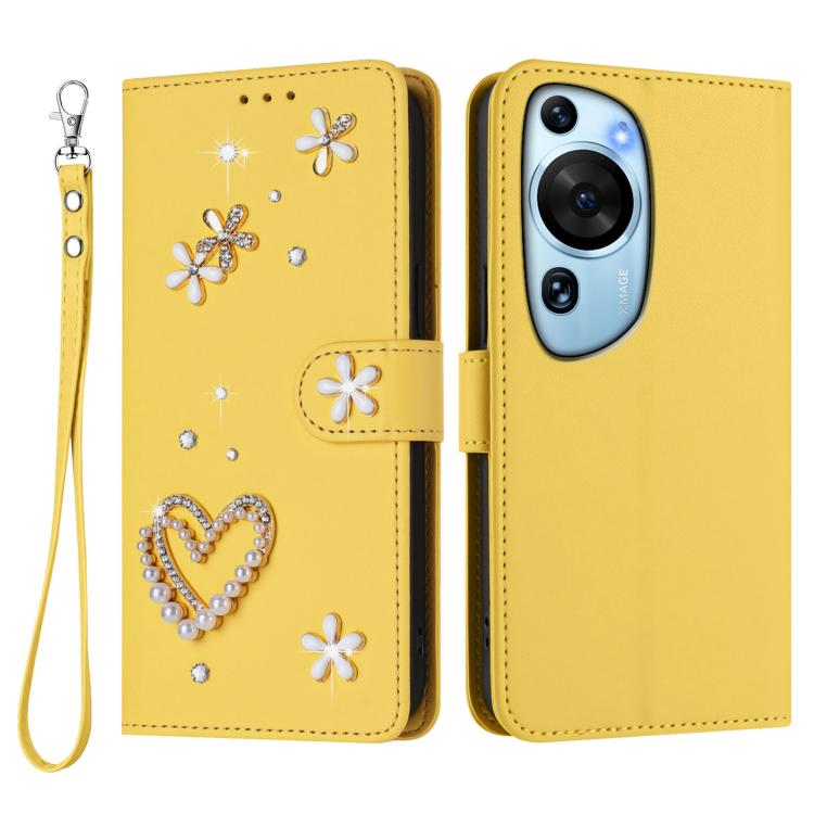 For Huawei P60 Art ZS01 Double-Layer Heart Floral Vegan Leather Phone Case with Wrist Strap