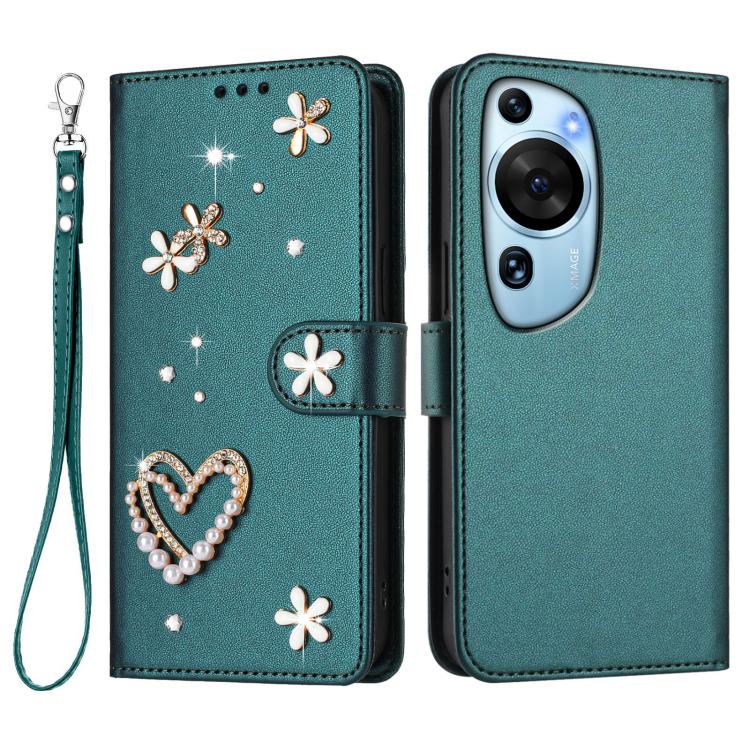 For Huawei P60 Art ZS01 Double-Layer Heart Floral Vegan Leather Phone Case with Wrist Strap