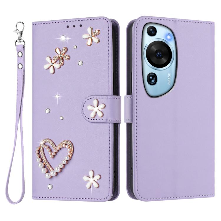 For Huawei P60 Art ZS01 Double-Layer Heart Floral Vegan Leather Phone Case with Wrist Strap