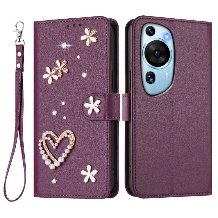 For Huawei P60 Art ZS01 Double-Layer Heart Floral Vegan Leather Phone Case with Wrist Strap