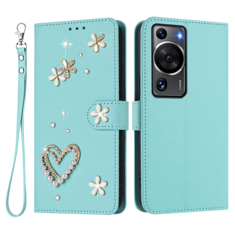 For Huawei P60 / P60 Pro ZS01 Double-Layer Heart Floral Vegan Leather Phone Case with Wrist Strap