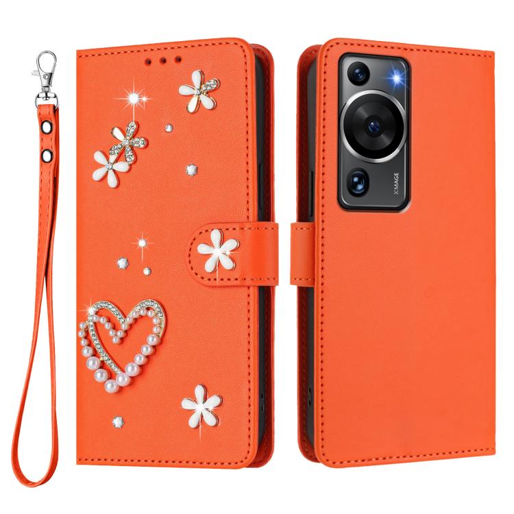 For Huawei P60 / P60 Pro ZS01 Double-Layer Heart Floral Vegan Leather Phone Case with Wrist Strap