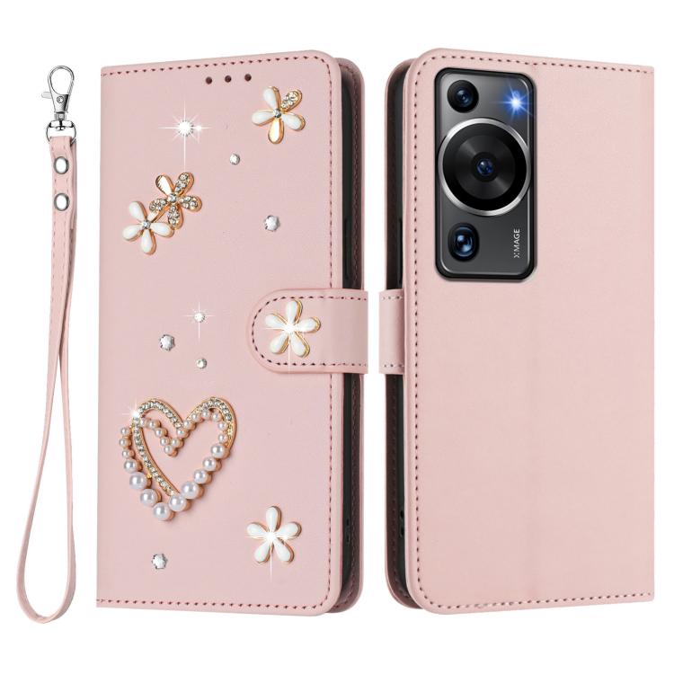 For Huawei P60 / P60 Pro ZS01 Double-Layer Heart Floral Vegan Leather Phone Case with Wrist Strap