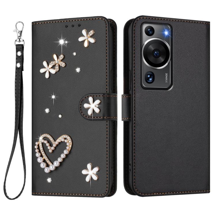 For Huawei P60 / P60 Pro ZS01 Double-Layer Heart Floral Vegan Leather Phone Case with Wrist Strap
