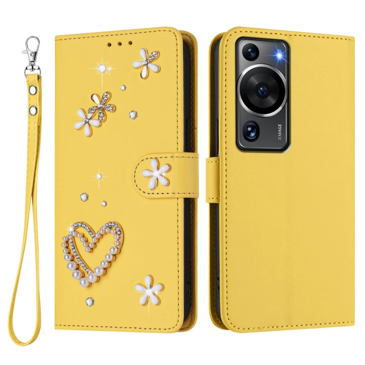 For Huawei P60 / P60 Pro ZS01 Double-Layer Heart Floral Vegan Leather Phone Case with Wrist Strap
