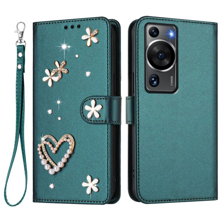 For Huawei P60 / P60 Pro ZS01 Double-Layer Heart Floral Vegan Leather Phone Case with Wrist Strap