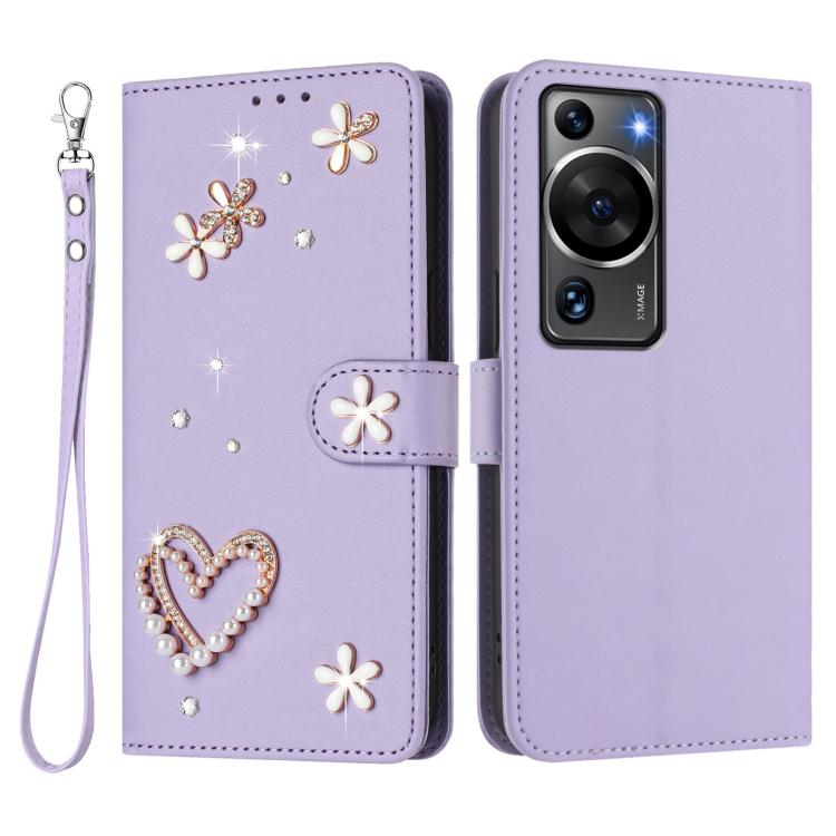 For Huawei P60 / P60 Pro ZS01 Double-Layer Heart Floral Vegan Leather Phone Case with Wrist Strap
