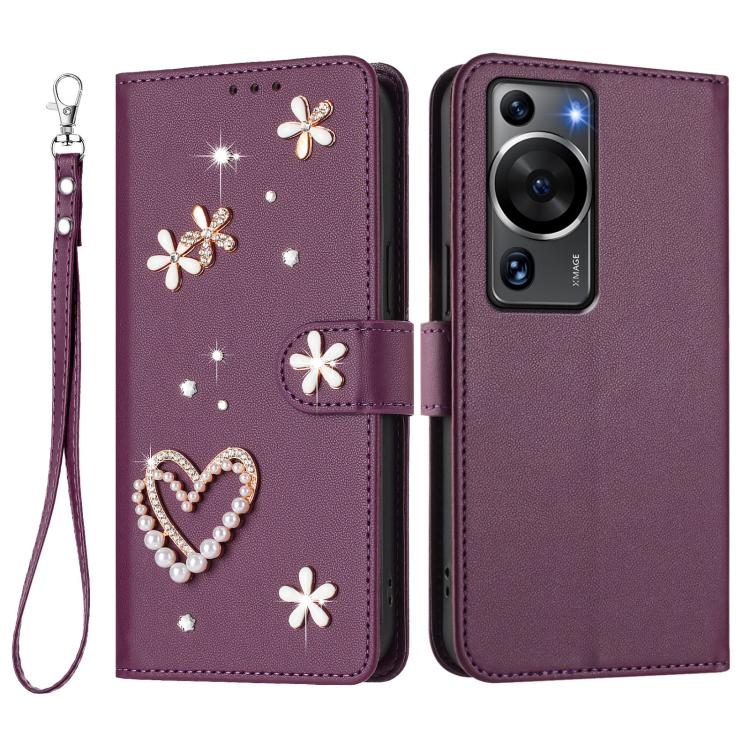 For Huawei P60 / P60 Pro ZS01 Double-Layer Heart Floral Vegan Leather Phone Case with Wrist Strap