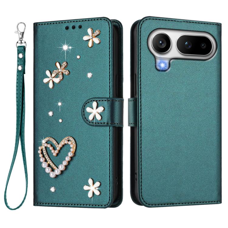 For Honor Magic8 Pro Air 5G ZS01 Double-Layer Heart Floral Vegan Leather Phone Case with Wrist Strap