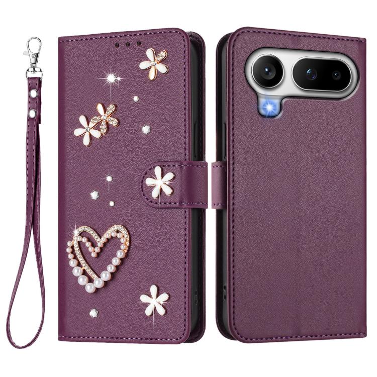 For Honor Magic8 Pro Air 5G ZS01 Double-Layer Heart Floral Vegan Leather Phone Case with Wrist Strap