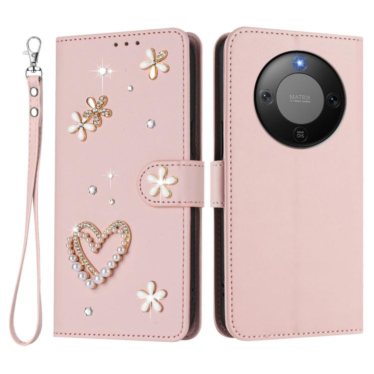 For Honor X9d 5G / Magic8 Lite 5G ZS01 Double-Layer Heart Floral Vegan Leather Phone Case with Wrist Strap