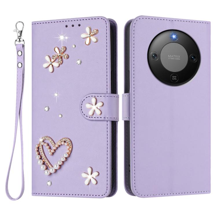 For Honor X9d 5G / Magic8 Lite 5G ZS01 Double-Layer Heart Floral Vegan Leather Phone Case with Wrist Strap