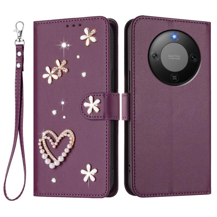 For Honor X9d 5G / Magic8 Lite 5G ZS01 Double-Layer Heart Floral Vegan Leather Phone Case with Wrist Strap