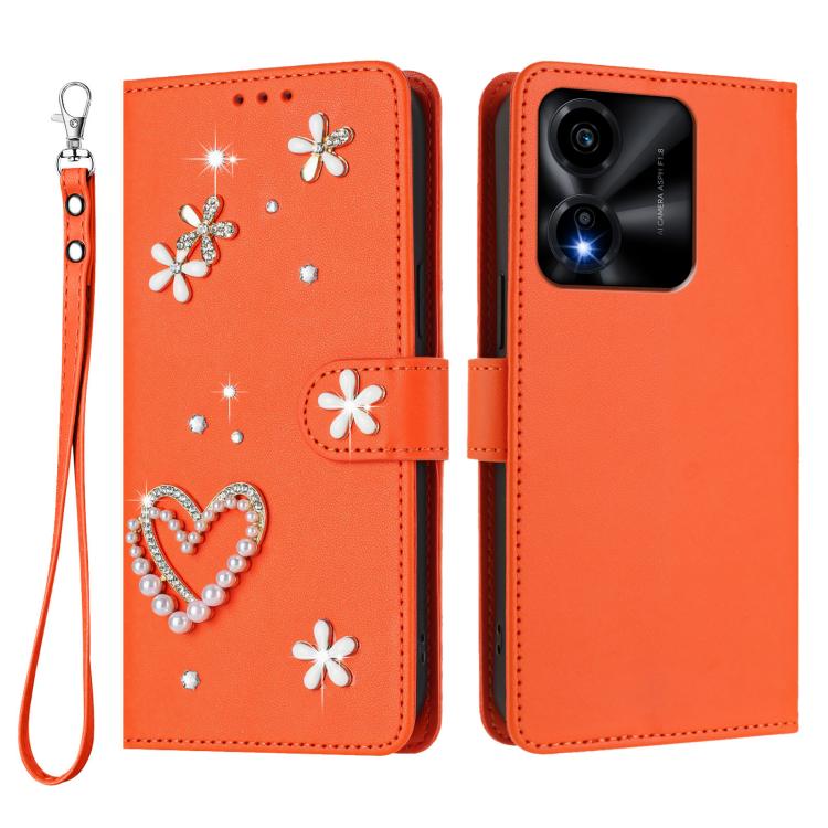 For Honor X5c 4G / X5c Plus 4G ZS01 Double-Layer Heart Floral Vegan Leather Phone Case with Wrist Strap