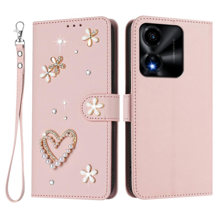 For Honor X5c 4G / X5c Plus 4G ZS01 Double-Layer Heart Floral Vegan Leather Phone Case with Wrist Strap