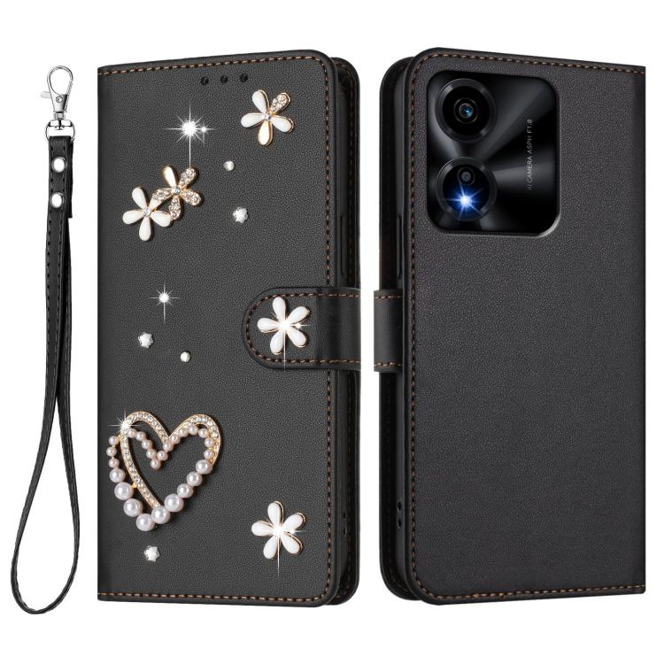 For Honor X5c 4G / X5c Plus 4G ZS01 Double-Layer Heart Floral Vegan Leather Phone Case with Wrist Strap