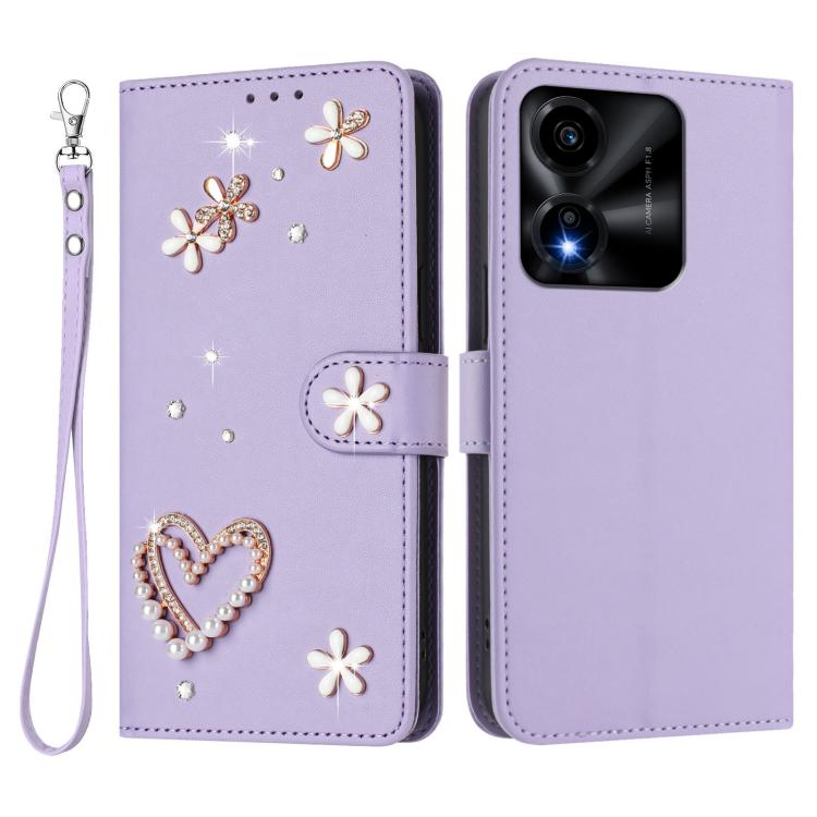 For Honor X5c 4G / X5c Plus 4G ZS01 Double-Layer Heart Floral Vegan Leather Phone Case with Wrist Strap